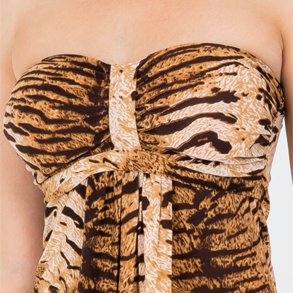 BROWN ANIMAL PRINT PLEATED FRONT TUBE MINI DRESS - Picture 3 of 7